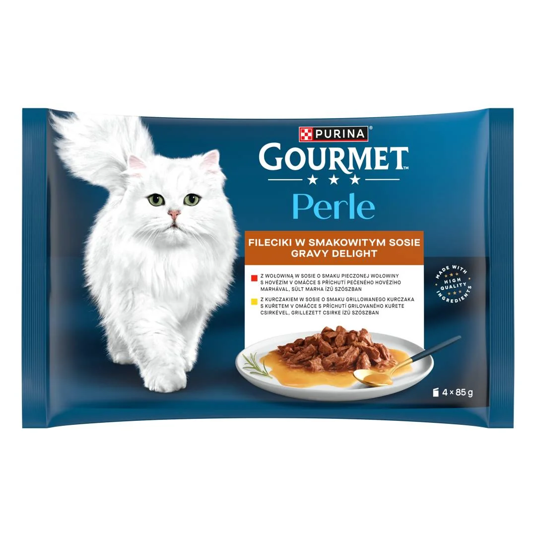 Gourmet Perle Gravy Delight 4× 85 g – kapsičky pro kočky v omáčce, kuře a hovězí