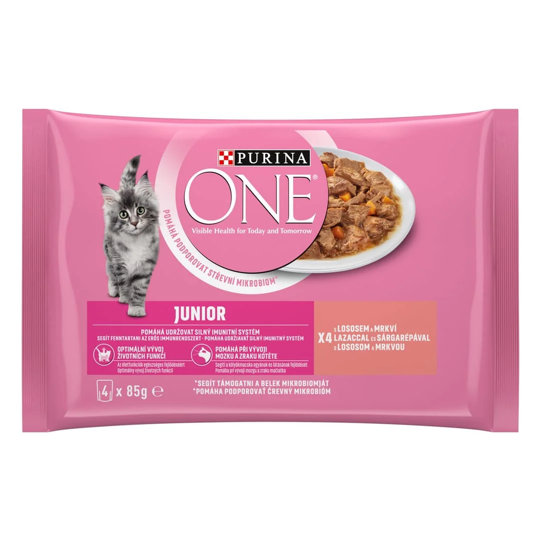 Purina ONE Multipack Junior minifiletky s lososem a mrkví 4× 85 g – pro koťata