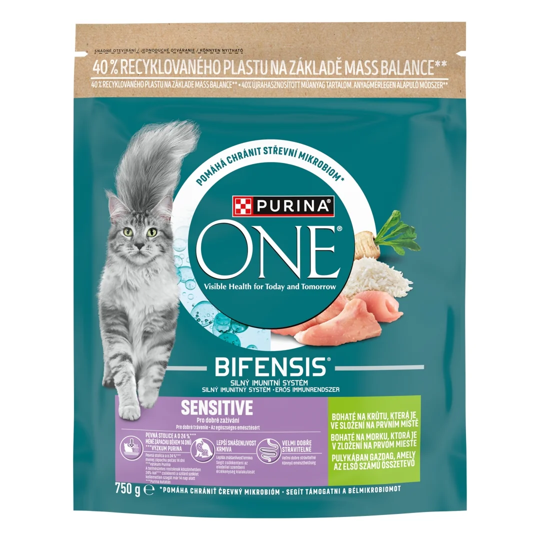 Purina ONE BIFENSIS Sensitive 750 g – granule pro kočky s citlivým trávením, krůta s rýží