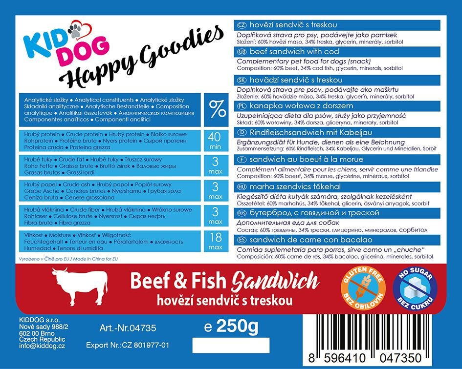 KIDDOG hovězí sendvič s treskou 250g