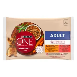 Purina ONE Mini Dog Adult 4× 85 g – kapsičky pro dospělé psy malých plemen ve šťávě, kuře a hovězí